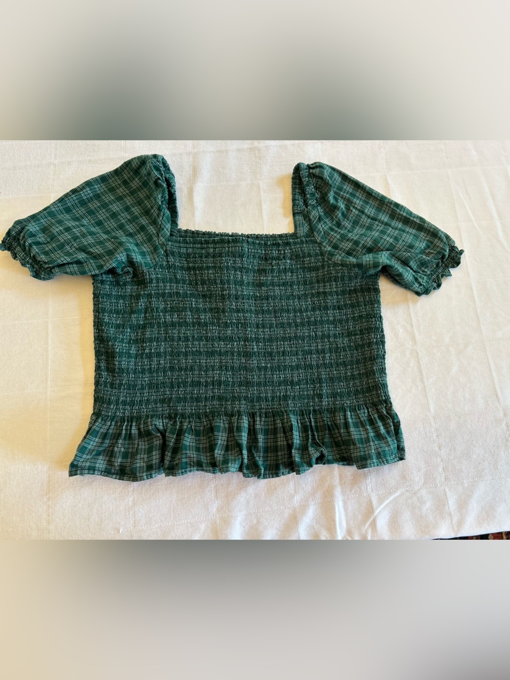 J. Crew Re-Imagined Puff Sleeve Crop Top Size Large Green Plaid